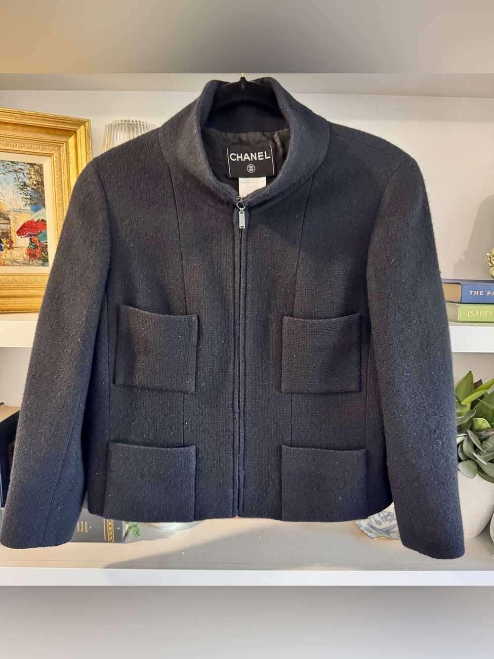 CHANEL Black Cashmere Zip Jacket with Stand Collar